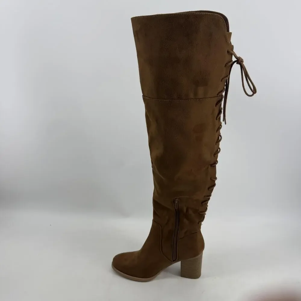 Soda Over The Knee Riding Boots Womens 8.5 Chestnut Faux Suede Lace Up Aspire-S